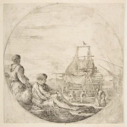 Ein sitzender weißer Matrose und ein stehender schwarzer Matrose, Menschen bauen ein Schiff im Hintergrund