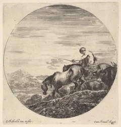 Ein Hirte rechts, nach links gewandt, treibt eine Gruppe von Tieren den Hügel hinunter, ca. 1643-48