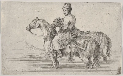Ein Diener bringt zwei Pferde zum Baden, sitzt auf einem Pferd im Fluss, das andere daneben, ca. 1662