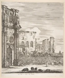 Konstantinsbogen und Kolosseum mit weidenden Schafen im Vordergrund, aus „Sechs große Ansichten, vier von Rom und zwei von der römischen Campagna“