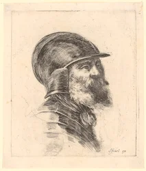 Bärtiger Mann mit Helm im Dreiviertelprofil nach rechts