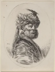 Bärtiger Mohr in einem gefiederten Turban mit Schleier, nach rechts gewandt