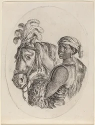 Schwarzer Stallbursche mit einem arabischen Pferd