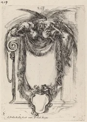 Kartusche, aufgehängt an Leichen, 1647