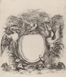 Kartusche mit Enten und Hunden, 1647