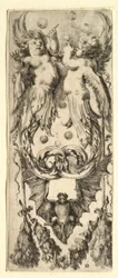 Seifenblasen blasende Putten, Fledermaus und Girlande