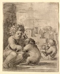 Kind, das einem Hund beibringt, auf den Hinterbeinen zu sitzen