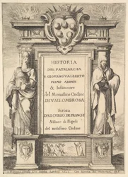 Frontispiz: ein Denkmal mit dem Medici-Wappen oben in der Mitte, Flammen
