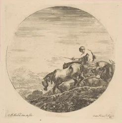 Hirte zu Pferd treibt Tiere, ca. 1646