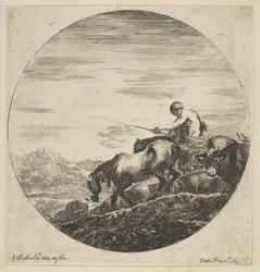 Hirte zu Pferd treibt Tiere, aus Six animal subjects, ca. 1646