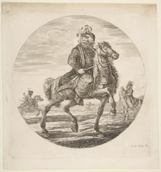 Ungarischer Reiter, der nach rechts reitet, andere Reiter im Hintergrund, ca. 1651