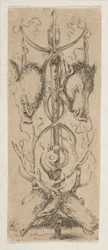 Jagdtrophäe mit Hirschköpfen unten, ca. 1653
