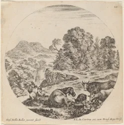 Landschaft mit Tieren und zwei sitzenden Hirten