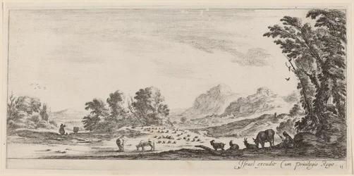 Landschaft mit Hirte, der seine Herde bewacht