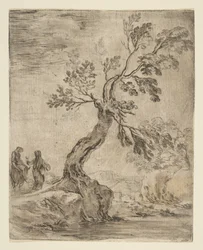 Landschaft mit zwei Frauen, eine auf einem Esel reitend, ca. 1660