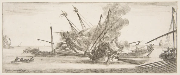 Seekampf, ein Schiff in der Mitte, von hinten gesehen, feuert auf vier feindliche Schiffe, ein weiteres, ca. 1641