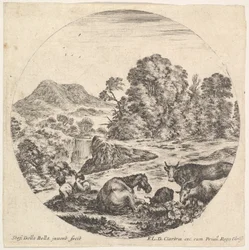 Tafel 10: Ein liegendes Pferd in der Mitte, eine Kuh und zwei Ziegen rechts, zwei sitzende Männer, ca. 1643-48