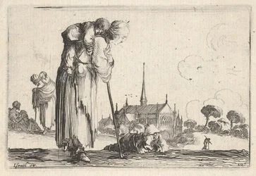 Platte 10: eine Bäuerin nach rechts gewandt mit einem Kind auf dem Rücken, ein Junge lie..., ca. 1642