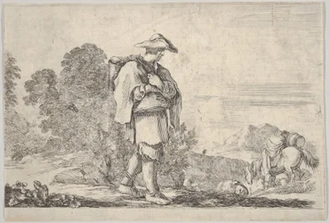 Tafel 11: ein Bauer mit Hut in der Mitte, der nach rechts geht, ein Pferd steigt hinab, ca. 1641