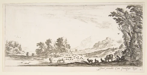 Platte 11: Schäferin sitzt rechts unter einem Baum und beobachtet ihre Herde links, ca. 1641