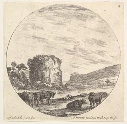 Platte 13: Ruinen eines antiken Tempels im Hintergrund, eine Herde Kühe im Vordergrund, ca. 1643-48