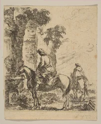 Landschaft mit einem Reiter, der sein Pferd an einem Brunnen tränkt, aus Various fi..., ca. 1646
