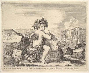 Tafel 1: das Genie des Zeichnens, ein Kind mit Flügeln, das in der Mitte auf einem Felsen sitzt und sich umdreht..., ca. 1641