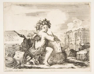 Tafel 1: das Genie des Zeichnens, ein Kind mit Flügeln, das auf einem Felsen in der Mitte sitzt, ca. 1641-43