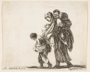 Tafel 22: eine Bettlerin mit drei Kindern, ein Kind auf ihren Schultern (ca. 1644-47)