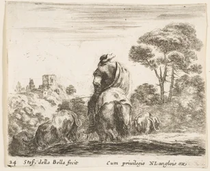 Tafel 24: Hirte auf einem Pferd, von hinten gesehen, führt sein Vieh einen Hügel hinunter, ca. 1644-47