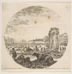 Tafel 2: Campo Vaccino, ein Büffel und zwei Hirten in der Mitte, der Fontanone rechts, ca. 1646
