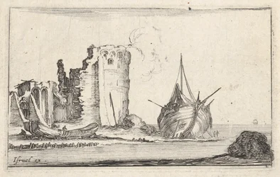 Schiff rechts und Ruderboot links, an Land gespült, Turm in Ruinen