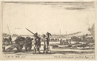 Platte 3: Ein Offizier gibt einem Soldaten im Vordergrund Befehle, Kanone links, ca. 1641
