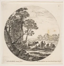 Platte 4: ein korinthisches Kapitell auf dem Boden links, ein Denkmal mit Figuren im Flachrelief, ca. 1646