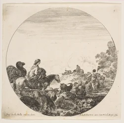 Platte 5: eine Frau trägt ein Kind auf einem Pferd links, ein Kamel folgt ihr, eine Herde von..., ca. 1646