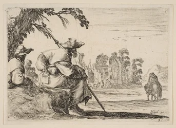 Tafel 5: zwei Pilger mit Hüten ruhen links, von hinten gesehen, ein Reiter reitet nach..., 1642