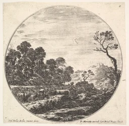 Kühe überqueren ein Tal nach links, eine Gruppe von Bäumen links, ein Reiter und o..., ca. 1643-48