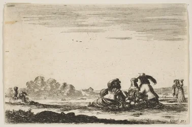 Tafel 7: Zwei Edelleute sitzen in der Mitte, von hinten gesehen, im Gespräch mit einer Edeldame, 1642