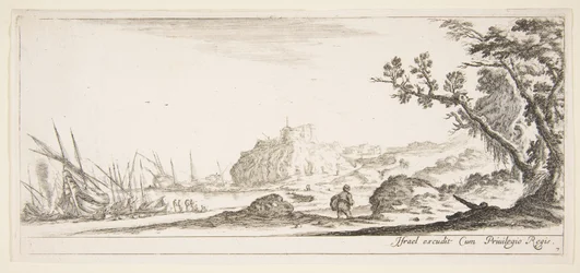 Tafel 7: Verschiedene Boote am Ufer links, ein Mann trägt eine Tasche, von hinten gesehen, ca. 1641