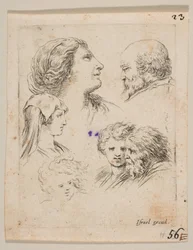 Tafel 9: fünf Köpfe, zwei junge Frauen links, ein bärtiger Mann oben rechts, eine junge Frau..., ca. 1649