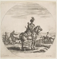 Polnischer Reiter mit Bogen und Pfeil, von hinten gesehen, sein Pferd nach rechts gewandt, ca. 1651
