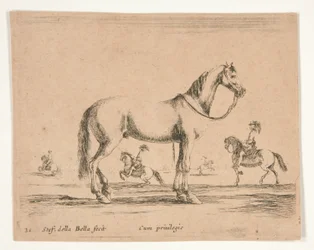 Reiterloses Pferd, mit Reitern im Hintergrund