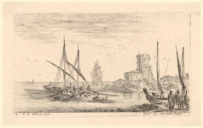 Seestück mit mehreren Schiffen und altem Turm am Strand