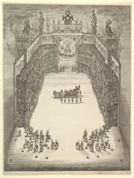 Theater in Modena, von oben gesehen und mit Zuschauern gefüllt, mit einem Triumphwagen in der Mitte