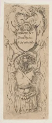 Zwei Pferdeköpfe rahmen ein Schild, ca. 1653