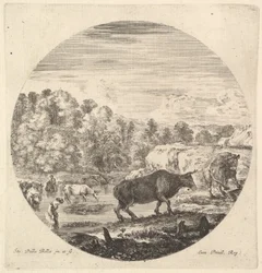Zwei Kühe in der Mitte, gefolgt von zwei Bäuerinnen und anderen Kühen im Fluss, ca. 1643-48