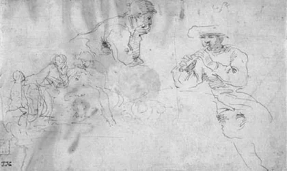 Zwei Studien für eine Komposition von zwei Hirten, die sich auf einen großen Felsen lehnen, einer spielt die Flöte, der andere hört zu