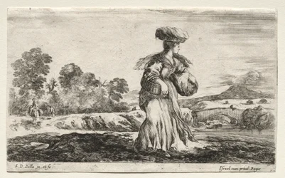 Verschiedene Figuren und Landschaften: Bäuerin mit einem Korb auf dem Kopf