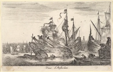 Ansicht des Amsterdamer Hafens, Männer in Ruderbooten arbeiten an einem Schiff, 1647