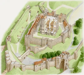 Dover Castle heute, ca. 1945-2023 (Tinte und Aquarell auf Papier)